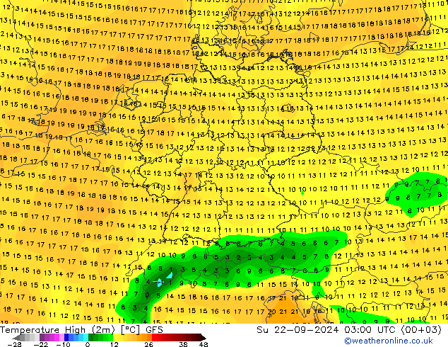 Temperature High (2m) GFS Su 22.09.2024 03 UTC