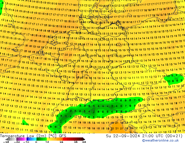 Tiefstwerte (2m) GFS So 22.09.2024 21 UTC