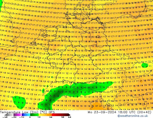 Temperature Low (2m) GFS Mo 23.09.2024 18 UTC