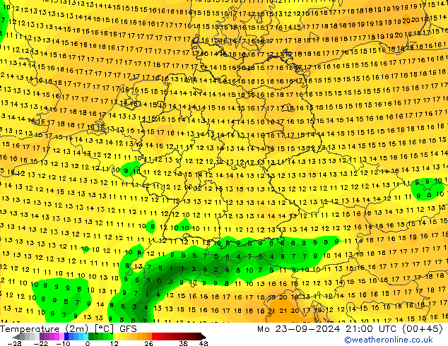 Temperaturkarte (2m) GFS Mo 23.09.2024 21 UTC