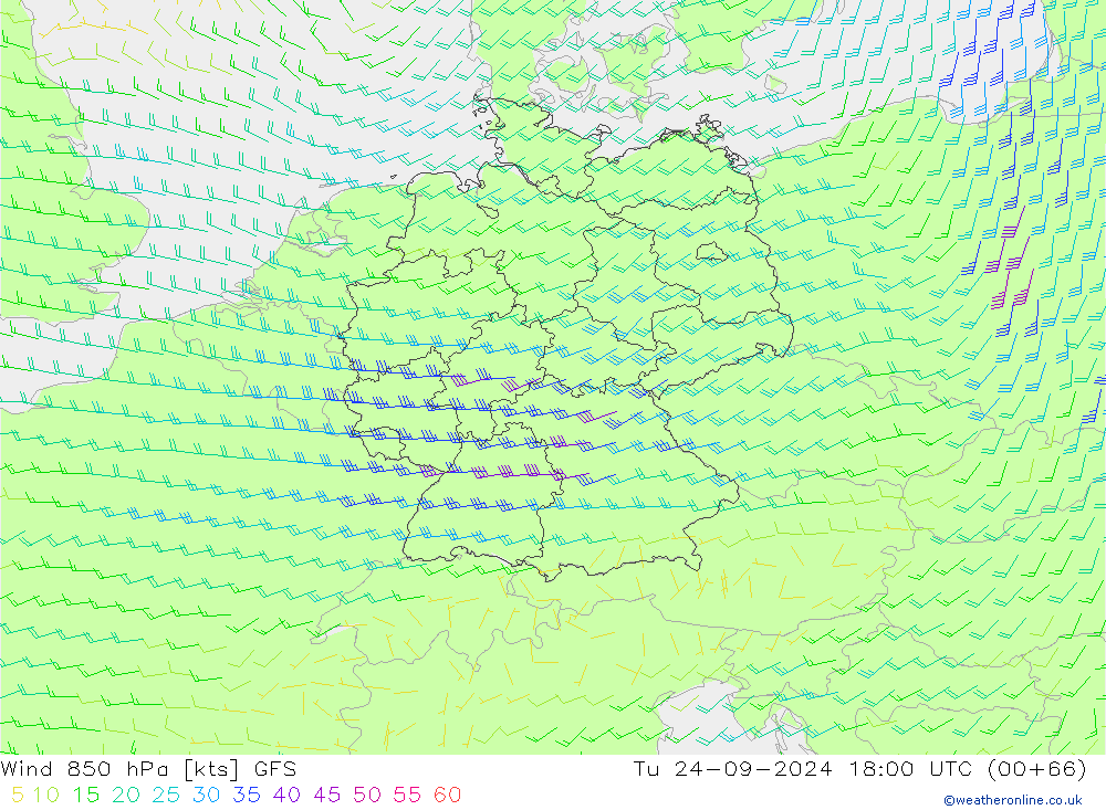 Wind 850 hPa GFS Tu 24.09.2024 18 UTC