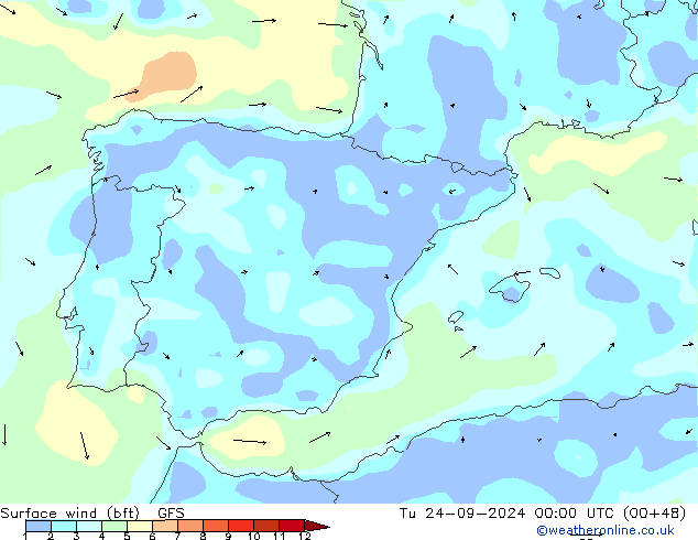 Bodenwind (bft) GFS Di 24.09.2024 00 UTC