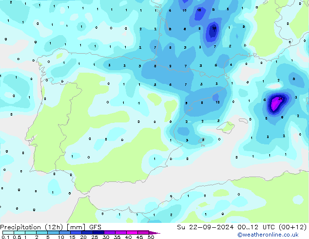 Precipitation (12h) GFS Su 22.09.2024 12 UTC