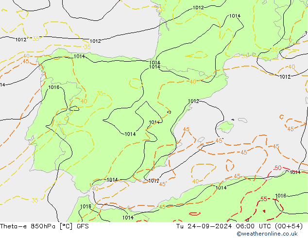 Theta-e 850hPa GFS Tu 24.09.2024 06 UTC