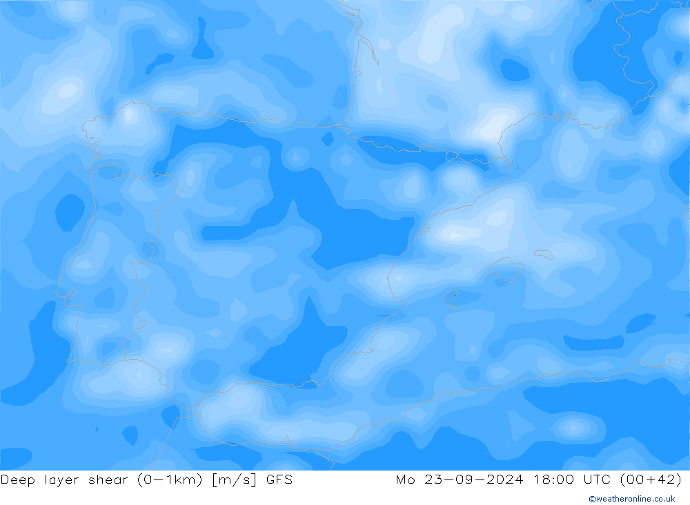 Deep layer shear (0-1km) GFS Mo 23.09.2024 18 UTC