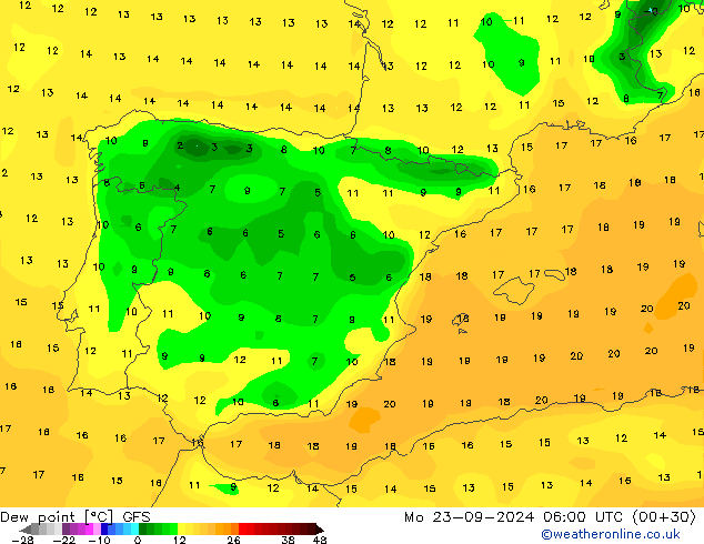 Dew point GFS Mo 23.09.2024 06 UTC