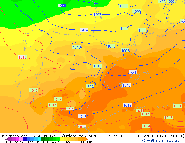 Thck 850-1000 hPa GFS Čt 26.09.2024 18 UTC