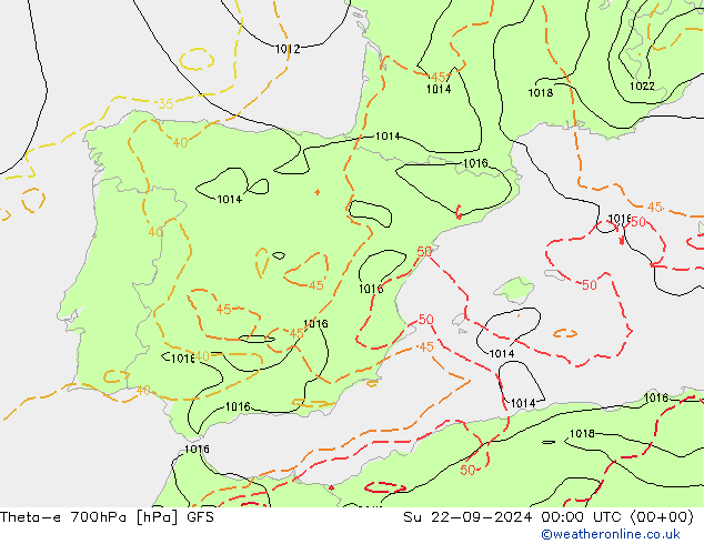 Theta-e 700hPa GFS Su 22.09.2024 00 UTC