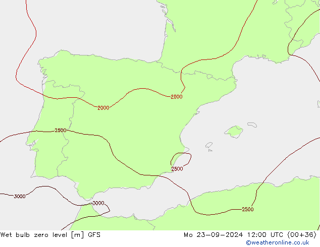 Wet bulb zero level GFS Mo 23.09.2024 12 UTC