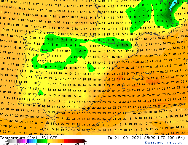 Temperatura (2m) GFS mar 24.09.2024 06 UTC