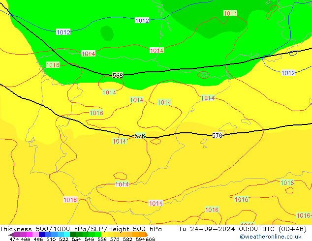 Schichtdicke 500-1000 hPa GFS Di 24.09.2024 00 UTC