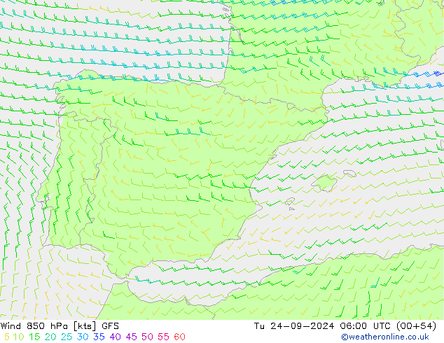 Wind 850 hPa GFS Tu 24.09.2024 06 UTC