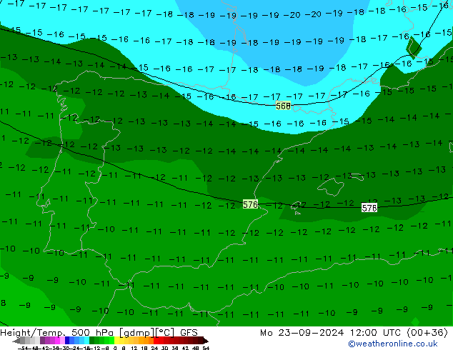 Height/Temp. 500 hPa GFS Po 23.09.2024 12 UTC