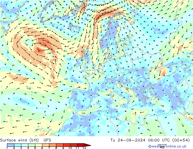 Vento 10 m (bft) GFS Ter 24.09.2024 06 UTC