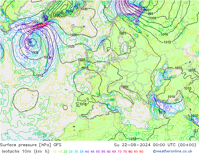 Eşrüzgar Hızları (km/sa) GFS Paz 22.09.2024 00 UTC