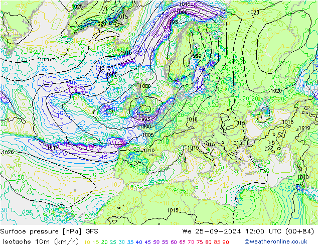 Isotachs (kph) GFS Qua 25.09.2024 12 UTC