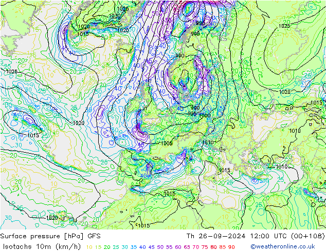 Eşrüzgar Hızları (km/sa) GFS Per 26.09.2024 12 UTC