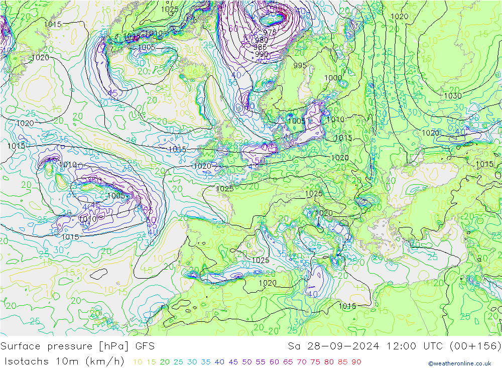 Isotachen (km/h) GFS Sa 28.09.2024 12 UTC