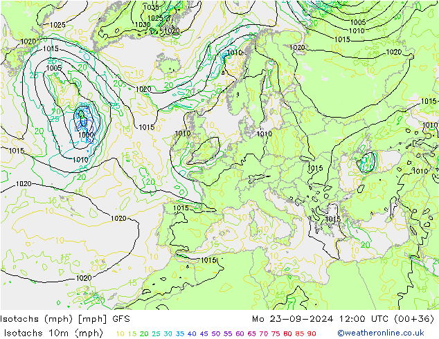 Isotachs (mph) GFS Mo 23.09.2024 12 UTC