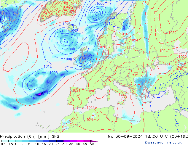 Nied. akkumuliert (6Std) GFS Mo 30.09.2024 00 UTC