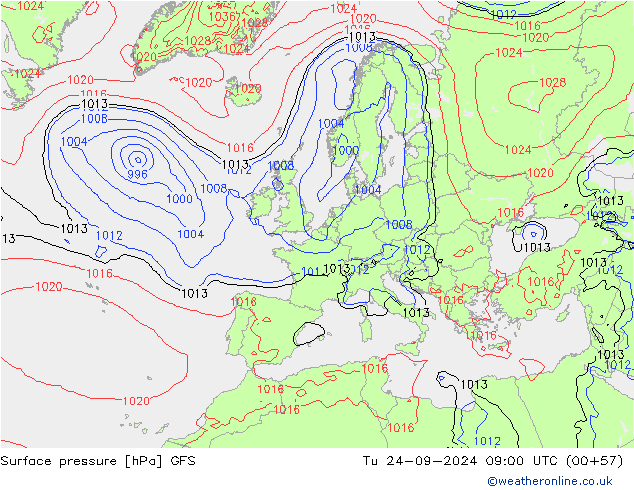 Surface pressure GFS Tu 24.09.2024 09 UTC