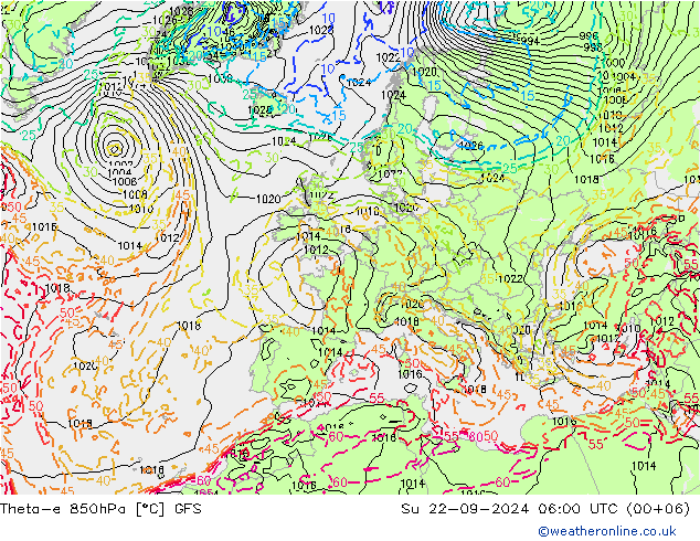 Theta-e 850hPa GFS 星期日 22.09.2024 06 UTC