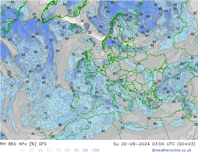 RH 850 hPa GFS 星期日 22.09.2024 03 UTC