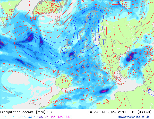 Precipitation accum. GFS Út 24.09.2024 21 UTC