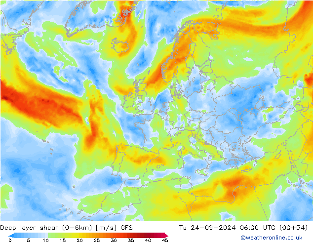 Deep layer shear (0-6km) GFS Tu 24.09.2024 06 UTC