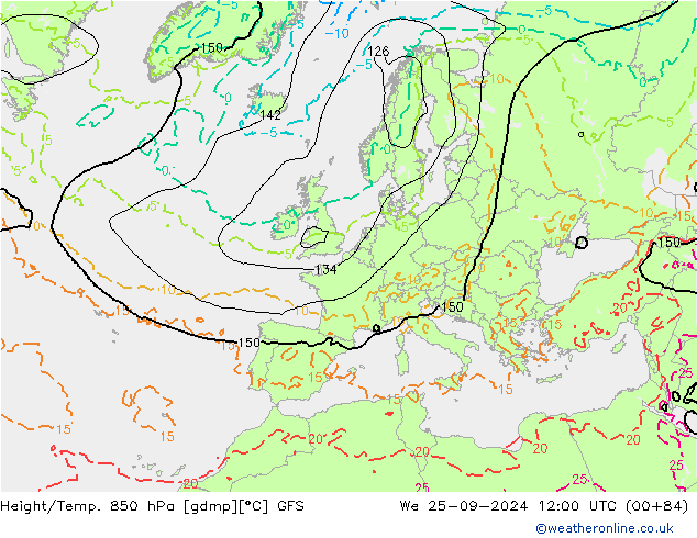 Z500/Rain (+SLP)/Z850 GFS mer 25.09.2024 12 UTC