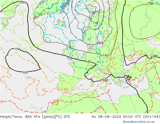 Hoogte/Temp. 850 hPa GFS za 28.09.2024 00 UTC