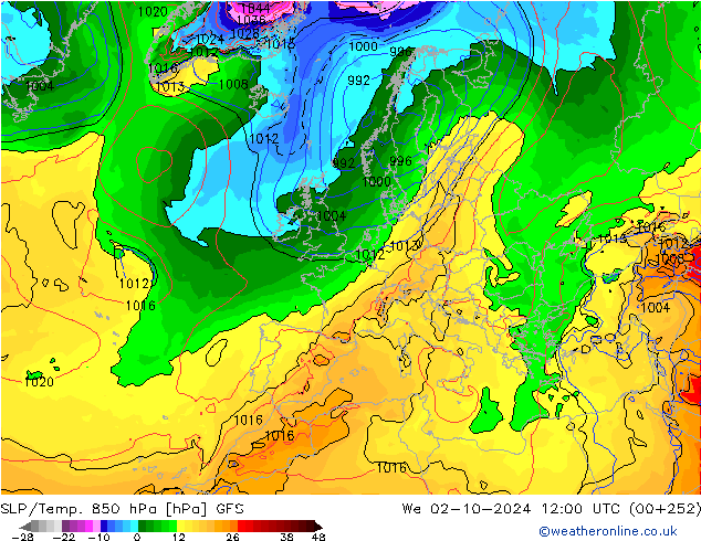 SLP/Temp. 850 hPa GFS We 02.10.2024 12 UTC