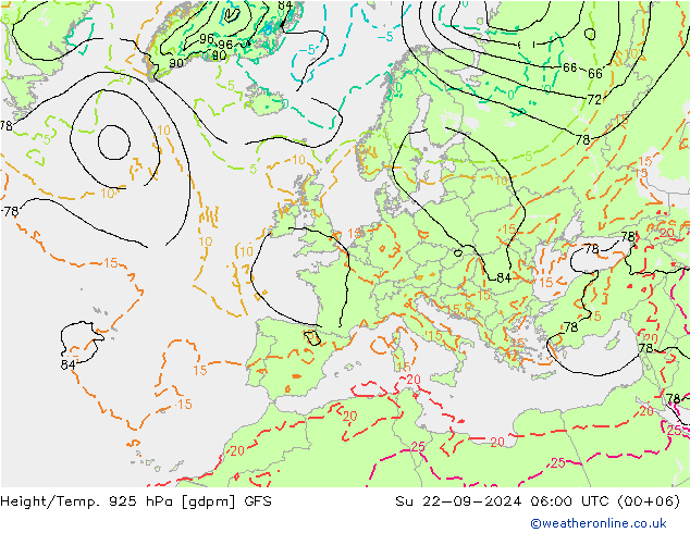 Height/Temp. 925 hPa GFS dom 22.09.2024 06 UTC