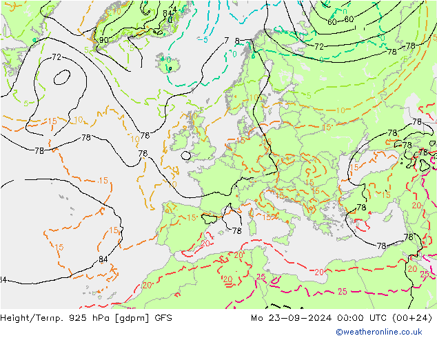 Height/Temp. 925 hPa GFS Mo 23.09.2024 00 UTC