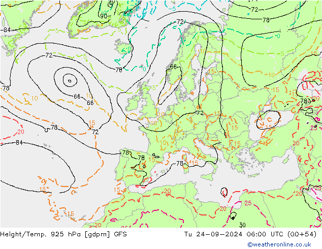 Height/Temp. 925 hPa GFS Tu 24.09.2024 06 UTC