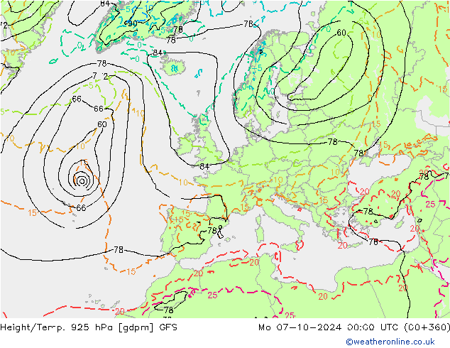 Geop./Temp. 925 hPa GFS lun 07.10.2024 00 UTC