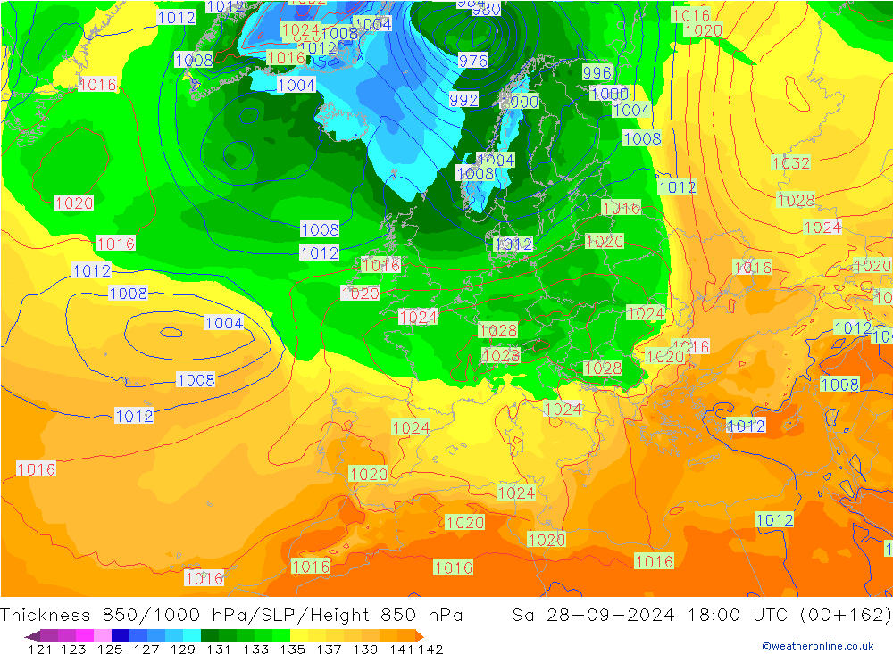 Thck 850-1000 гПа GFS сб 28.09.2024 18 UTC