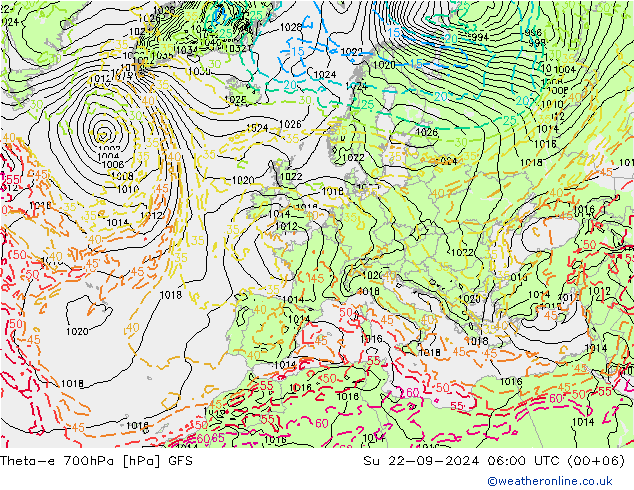 Theta-e 700hPa GFS zo 22.09.2024 06 UTC