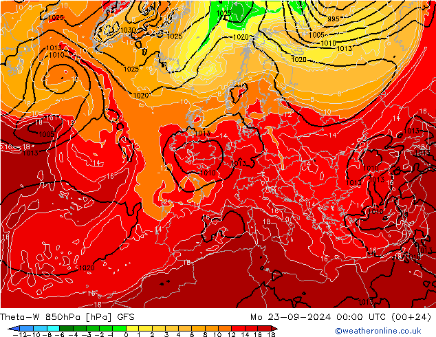 Theta-W 850hPa GFS 星期一 23.09.2024 00 UTC