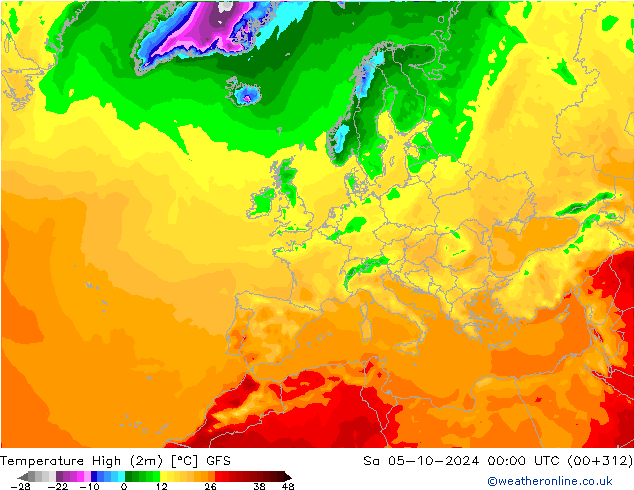 Temperature High (2m) GFS Sa 05.10.2024 00 UTC