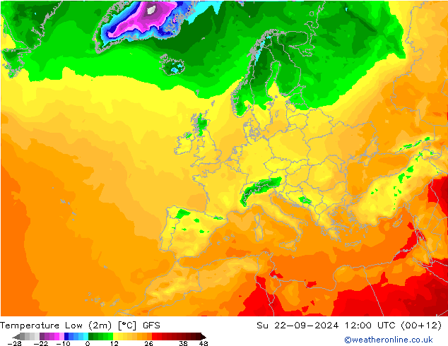 Temperature Low (2m) GFS 星期日 22.09.2024 12 UTC