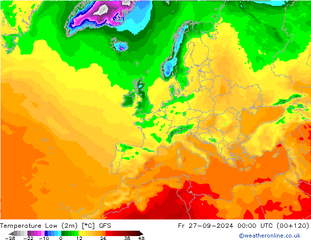 Min.temperatuur (2m) GFS vr 27.09.2024 00 UTC