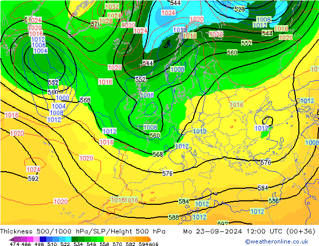 Thck 500-1000hPa GFS 星期一 23.09.2024 12 UTC