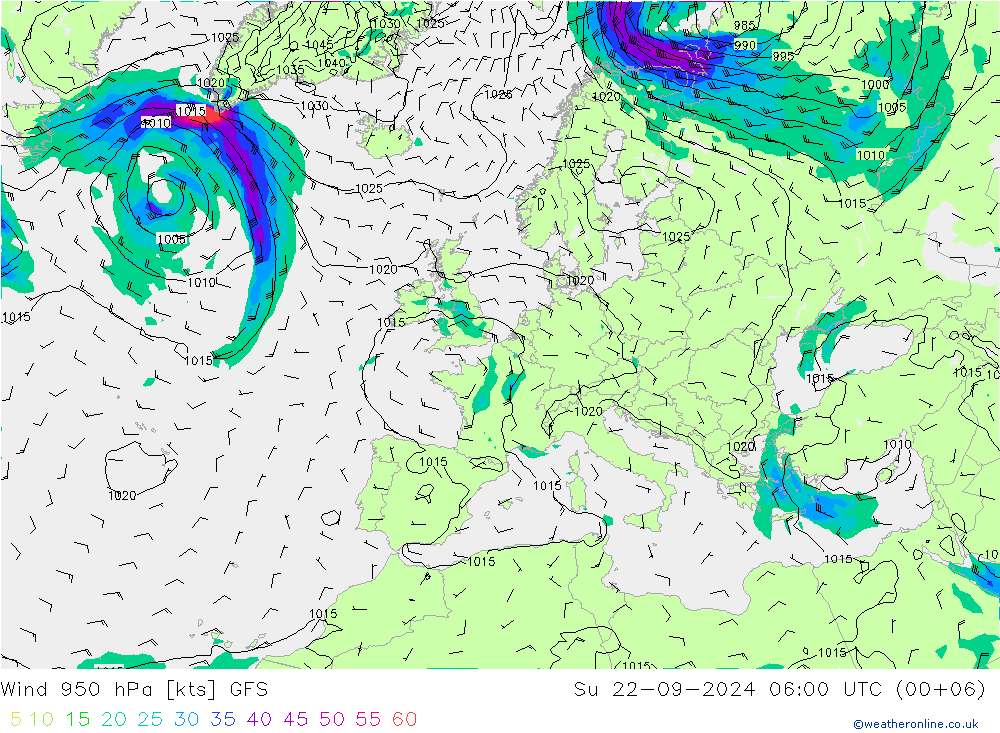 风 950 hPa GFS 星期日 22.09.2024 06 UTC