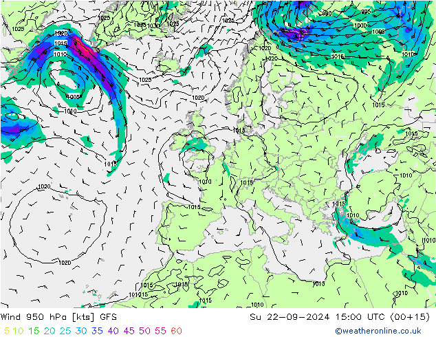 Wind 950 hPa GFS So 22.09.2024 15 UTC