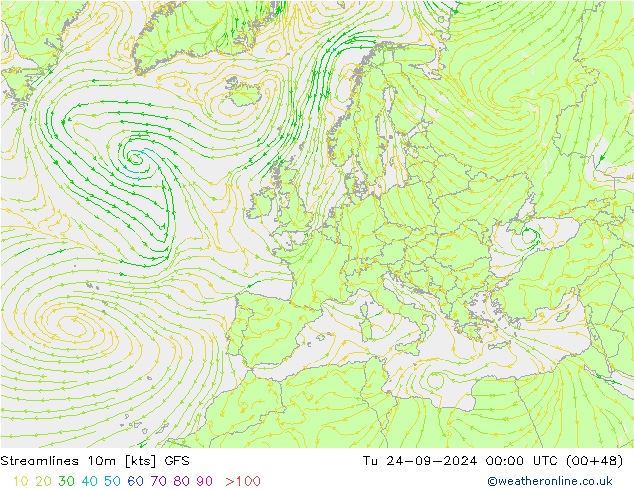 Streamlines 10m GFS Út 24.09.2024 00 UTC