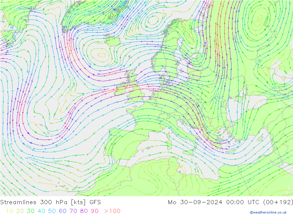 Stromlinien 300 hPa GFS Mo 30.09.2024 00 UTC