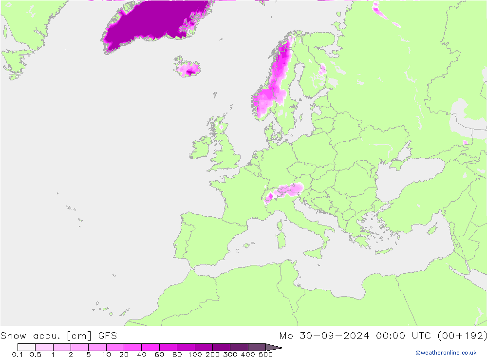 Snow accu. GFS lun 30.09.2024 00 UTC