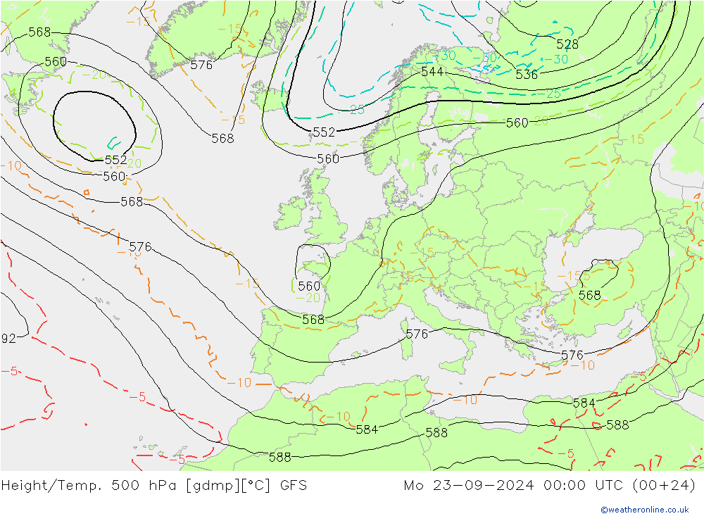 Z500/Rain (+SLP)/Z850 GFS 星期一 23.09.2024 00 UTC