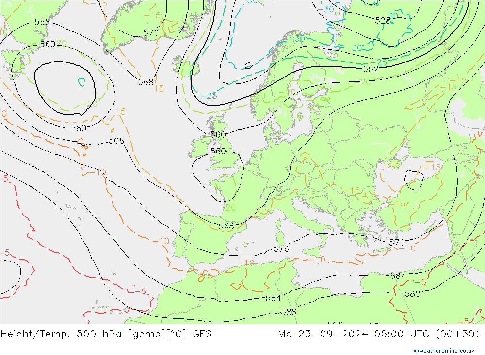 Z500/Rain (+SLP)/Z850 GFS Mo 23.09.2024 06 UTC